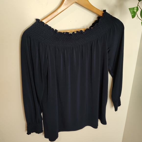 Calvin Klein Tops - Calvin Klein Off The Shoulder Smocked Long Sleeve Top in Navy Blue Size Medium